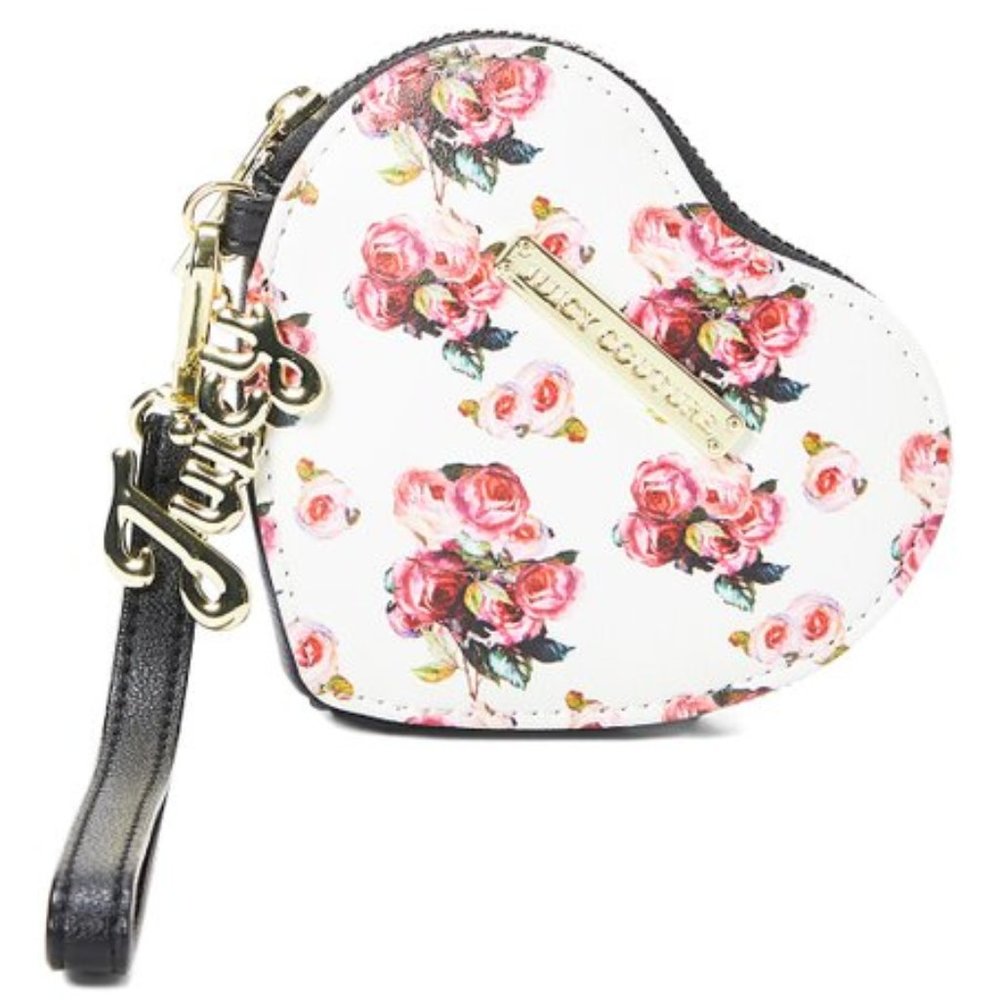JUICY COUTURE White Varsity Blooms Heart Coin Case